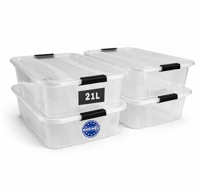 HOGSTEN Aufbewahrungsboxen 4er-Set mit Deckel – Stapelbare Kunststoffboxen 7L, 14L, 21L, 32L, 55L, 80L Transparent mit Klickverschluss & Griffen, BPA-frei, Lebensmittelgeeignet, Ordnungskisten (21 L)