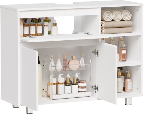 BEWISHOME Mobile Sottolavabo per Bagno,Mobile da Bagno, 1 vano Portaoggetti Nascosto, 2 Ante, 3 Ripiani Regolabili Aperti, con Gambe, 90 x 64.5 x 30 cm, Bianco EYSG02W