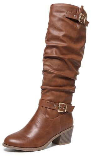 Dam slokande knähöga västerländska cowboystövlar spetsig tå tjock blockklack, Pu två spännen brun, 39 EU | Vintage rynkade ridstövlar mocka läder frans rosett spänne mode avslappnad mitten av vaden höga stövlar för höst vinter
