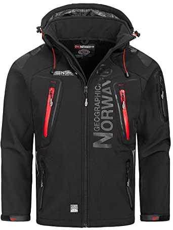 Geographical Norway softshelljacka för män – modell: Techno – övergångsjacka med huva – vattenavvisande funktionell jacka – anorak för utomhus, semester, höst, vinter, Schwarz, XXL