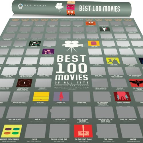 100 Best Movies Scratch Off Poster by Travel Revealer - Best Films of All Time Bucket List Movie Poster (17”x24) Minimalist Modern Design by British Artist. Each Film Icon Unique.