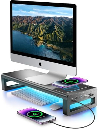 VAYDEER Monitor Stand with Wireless Charging,3 USB 3.0 Ports, 20W Type C Fast Charging, RGB Metal Computer Stand Riser for Desk,PC Screen Shelf for Office, Laptop, Computer,Printer up to 32 Inches