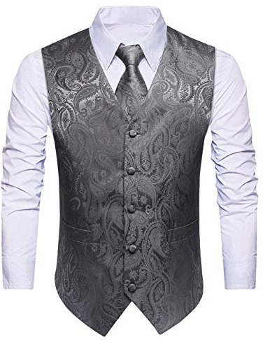 HISDERN Anzugweste für Herren Paisley Hochzeitsweste Krawatte Einstecktuch Taschentuch Jacquard Weste Herren Anzug Set Elegant Grau 2XL
