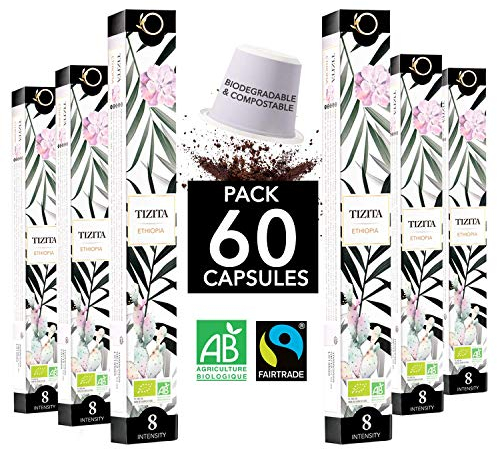 ORIGEENS Capsule compatibili con Nespresso | Caffè BIO FAITRADE Arabica in Capsula Biodegradabile | TIZITA Caffè Origine Etiopia, Moka, 60 cialde | Torrefazione artigianale