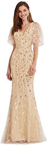Ever-Pretty Vestito da Cerimonia Lungo Paillettes Stile Impero Scollo a V Maniche Corte Abito Elegante Donna Oro 38