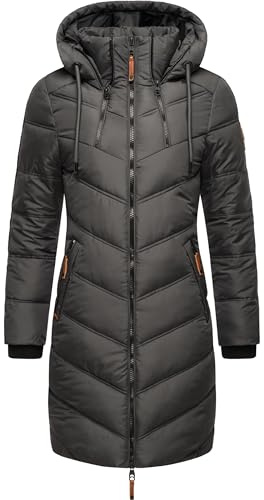MARIKOO Damen Wintermantel Warmer Steppmantel lang mit Verstellbarer Kapuze Armasa Anthracite Gr. XS