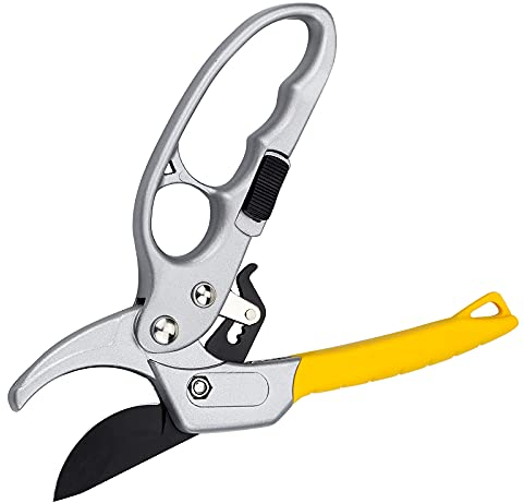 Julyee Tijeras de Podar con Trinquete, Tijeras Jardineria, Tijera Recoletora con Mango de Goma para Recortar Tallos y Ramas - 20.5 cm, Amarillo