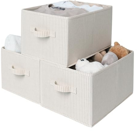StorageWorks Shelf Storage Boxes, Large Storage Baskets for Shelves, Rectangular Wardrobe Organisers with Handles, Foldable Closet Storage Baskets for Utility Room, Beige Stripes, 3-Pack