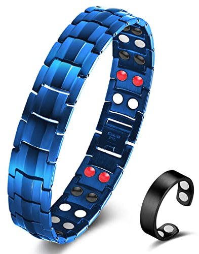 Vicmag Braccialetto magnetico da uomo in acciaio al titanio con magneti ultra-forti a doppia fila, con strumento di regolazione e confezione regalo (Blu 4 elementi)