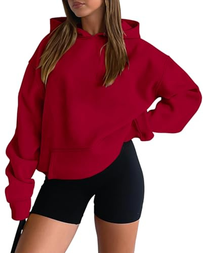 onlypuff Hoodies for Women Red Oversized Sweatshirts Hooded Pullover Casual Workout Soft Fall Fashion Outfits Winter Clothes S