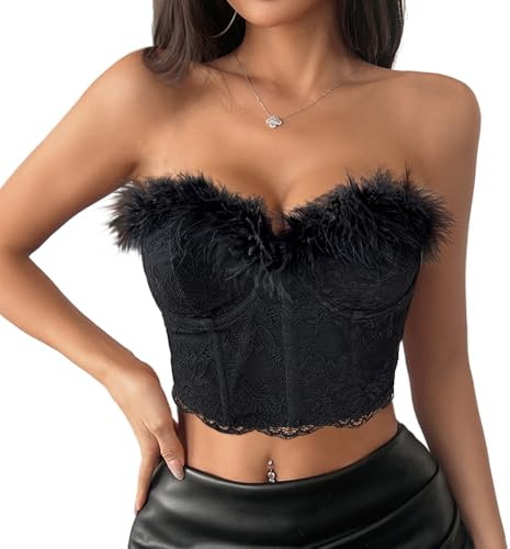 Naimo Mujer Fuzzy Pluma Crop Top de Piel Sintética Sin Mangas Hombros Descubiertos Bandeau Tube Top Encaje Corsé Sin Tirantes Parte Superior, Negro , M