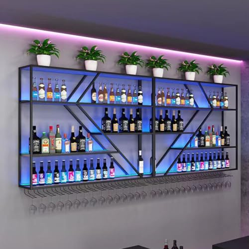 Grandi portabottiglie in metallo, portabottiglie da vino industriali sospese, scaffali per liquori da bar con luce, portabicchieri da vino a parete per bar, cucina,280 * 20 * 120CM