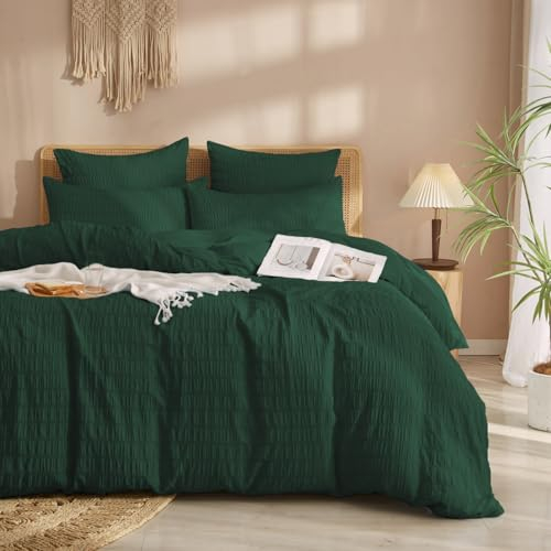 Ropa de cama Seersucker de 135 x 200 cm, color verde oscuro, para verano, reversible, a rayas, de microfibra, transpirable, ligero, diseño geométrico, funda nórdica y funda de almohada de 80 x 80 cm