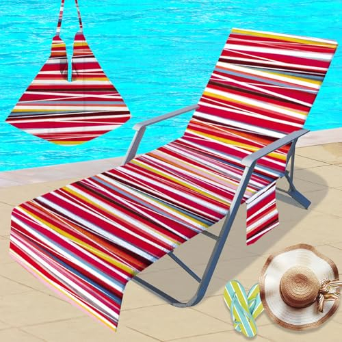 Treer Sonnenliege Auflage, Streifenserie, Gartenliege Abdeckung, Frottee Schonbezug Gartenstuhl mit 2 Taschen, für Schwimmbäder Strände Gartenhotels Liegenauflagen (75x210cm,Rot)