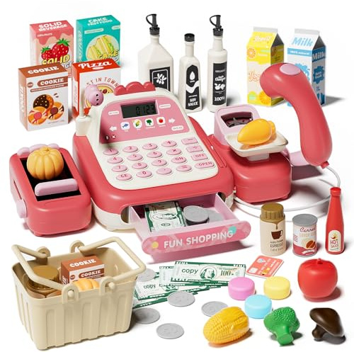 STACTCUTE 49Pcs Cash Register Toy Set for Kids, Pretend Play Grocery Store Cashier Playset with Conveyor Belt, Scanner, Weighing Scale, Calculator & Microphone, Toys Gift for Toddlers Ages 3-8 (Pink)