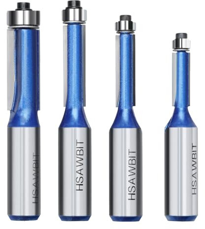 hsawbit Router Bit Set, 4pcs Flush Trim Router Bits 1/2 Shank, Cutting Dia. 1/4,5/16,3/8,1/2, Pattern Bearing Flush Cut Router Bit for Woodworking
