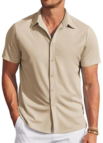 COOFANDY Chemise Homme Kaki L - Décontractée, Bouton-Down, Manche Courte, Été, Regular Fit