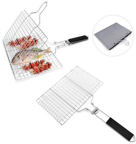Juego de 2 Cestas de Parrilla Plegables de Acero Inoxidable 304 – con Mango de Madera Extraíble, ideal para Pescado, Verduras, Brochetas y Carne, perfecto para Camping, Picnic y Jardín
