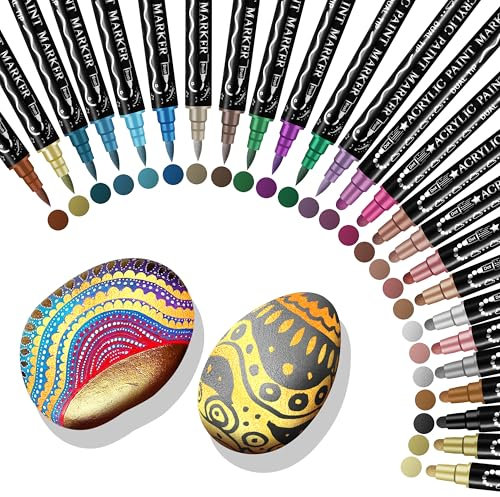 Metallic Markers Stifte, 24 Farben Acrylstifte für Steine Wasserfest, Metallic Stifte für Fotoalbum, Gästebuch Hochzeit, Scrapbook Zubehör, Schwarzes Papier,Porzellan,Glas,Leinwand,Keramik,Holz,Eier