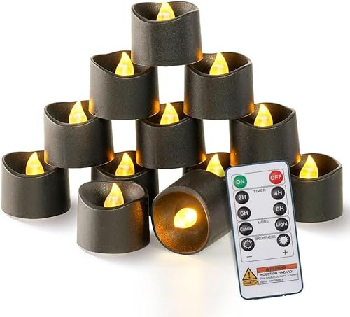 Homemory Lot de 12 bougies chauffe-plat LED noires avec télécommande avec minuterie 2/4/6/8 h, bougies chauffe-plat à piles pour l'extérieur (400 heures et plus)