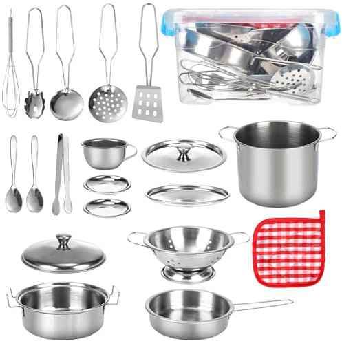 20 STK Kinderküche Zubehör Set, Matschküche Zubehör, Edelstahl Pretend Matschküche Kinder Outdoor Zubehör mit Aufbewahrungsbox Aus Kunststoff, Küchenutensilien Kinder für Jungen und Mädchen