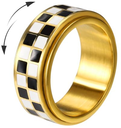 Mikovivi Anillo Antiestrés a Cuadros, Anillo Giratorio para Pulgar Color Blanco y Negro Giratorio Ansiedad Adultos Ideal Como Regalo Relajación para Mujeres y Hombres(Talla 10)