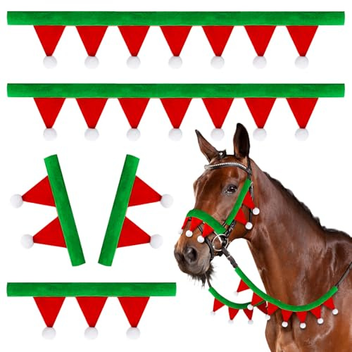 Abbylike Ensemble de Brides en Feutre pour Cheval de Noël : 2 pièces de Bride et de rêne, 1 Coussinet de Nez, 2 Coussinets de Joues, Mini Brides de Cheval de Père Noël et couvertures de rênes avec