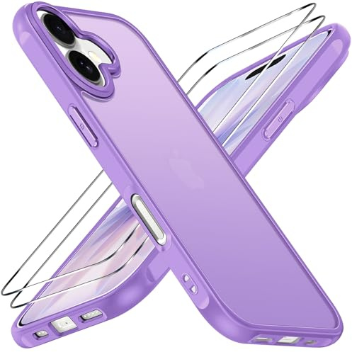 ivoler 3 in 1 Case for iPhone 17 with 2 Pieces Tempered Glass Screen Protectors, Military Standard Shockproof Cell Phone Case, Matte Translucent Anti-Fingerprint Protective Case,Light-Purple