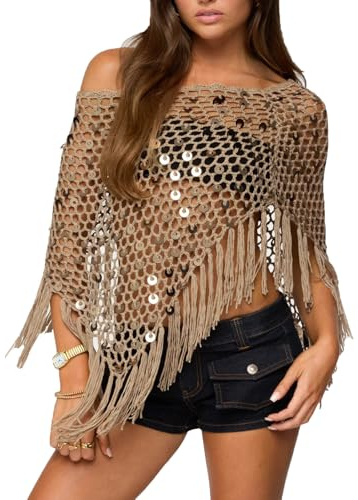 Womens Sheer Poncho Top See Through Knit Shrug Shawl Pullover Lightweight Asymmetrical Sweater Beach Cover Up (A Brown, S)