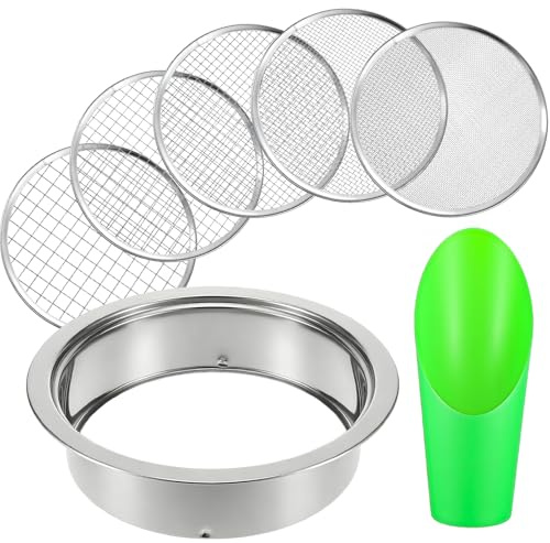 IANFAN Soil Sieve Set Stainless Steel Garden Soil Sifter, Compost Mesh Sifter with 5 Interchangeable Mesh 1/3/6/9/12mm and Soil Scoops for Sand, Bonsai Soil, Rock, Filtration