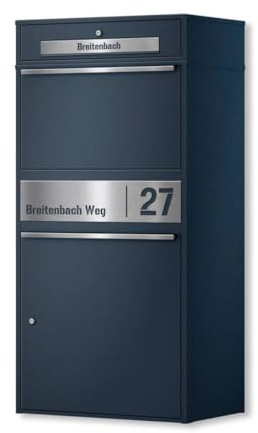 Metzler Paketbox draußen groß XXL, Briefkasten mit Paketfach in Anthrazit RAL7016, Paketbriefkasten, Standbriefkasten, Paketkasten, Personalisiert Edelstahl Namensschild Gravur, rostfrei - Bispo Max 2