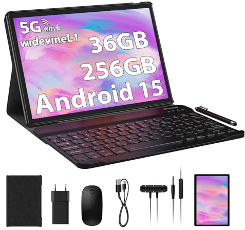PIXPEAK Tablet 10 pollici Android 15.0 con 5G WiFi, 36GB RAM+256 GB ROM (1TB espandibile), Octa Core 2.0 GHz, 8000mAh, 5MP+8MP, WLAN, Bluetooth, GPS, Tablet in Offerta con tastiera ect (Grigio)