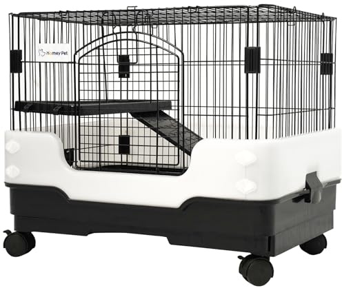 Homey Pet 2-Level Rat Cage, Small Animal Cage for Gerbil, Guinea Pig, Hamster, Chinchilla with Anti-Spray Urine Guard, Paw-Safe Mesh Floor, Removable Tray, 4 Lockable Wheels, Ramp & Platform, Black