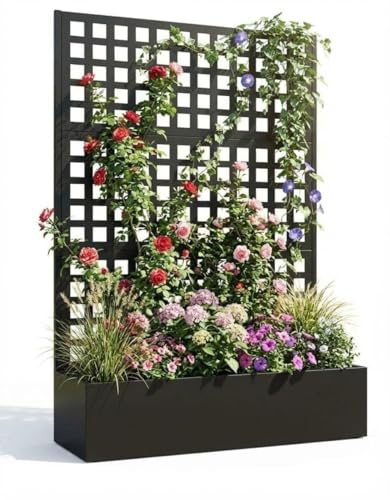 Hapihom Blumenkasten mit Sichtschutz, 120x40x180cm Pflanzkasten mit Rankgitter, Drainagelöchern & Feststellbaren Rollen, Rankhilfe aus Metall für Innen & Außen, Garten, Terrasse und Balkon - A