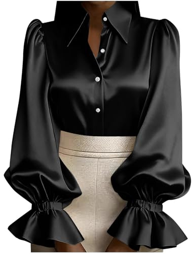 Women's Satin Silk Blouses Puff Long Sleeve Shirts Casual High Neck Work Business Lantern Long Sleeve Shirt Clothes Black-XL