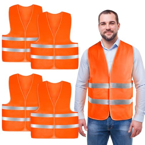AYBUY Bilvästar med hög synlighet, 4-pack orange säkerhetsvästar, reflekterande västar med hög synlighet, för vuxna och barn, för nattetid, byggnadsarbetare och förare