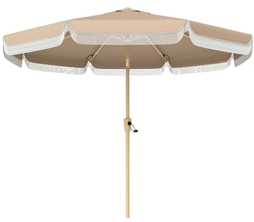 Outsunny Ombrellone da esterno, Ø266x238 cm, ombrellone da giardino con angolo regolabile a 30°, manovella, frange e ventilazione, impermeabile, parasole per terrazza, spiaggia, patio, balcone, color