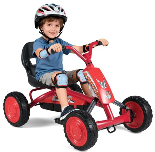 DREAMADE Kinder Go Kart, Gokart mit einstellbarem Sitz & Rückenlehne, Tretfahrzeug mit Vorwärts- & Rückwärtsfunktion & Pedal, Outdoor Tretauto mit Reifen für Kinder ab 3 Jahren (Rot)