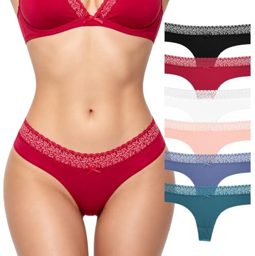 GOZINA 6 Pack Lace Thongs for Women, Sexy Cotton Underwear, Hipster Panties, Breathable Ladies Knickers Multipack