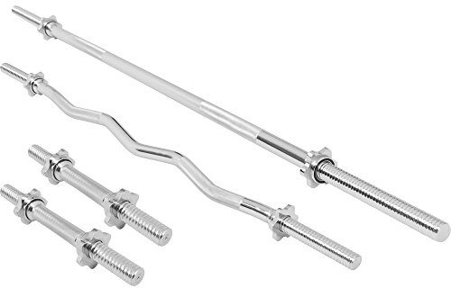 GORILLA SPORTS® Hantelstangen Set - Langhantelstange 170cm, SZ Curlstange 120cm, 2 Kurzhantelstangen 35cm, 30 mm, 8 Sternverschlüsse/Federverschlüsse, Verchromt - Langhantel Set, Kurzhantelset