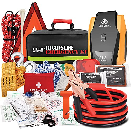Everlit Survival Car Emergency Kit, Roadside Safety Tool Kit with Gloves,Digital Auto Air Compressor Tire Inflator, First Aid Kit, 12 Feet Jumper Cable, Tow Strap, Flashlight for Women, Men, Teenagers