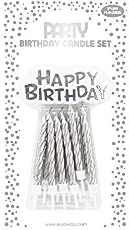 Eurowrap 26574-SC - Un Lot De 12 Bougies D'Anniversaire + 12 Porte-Bougies + Un support Happy Birthday- Couleur : Argent - Bougies D'anniversaire, Anniversaire, Happy Birthday