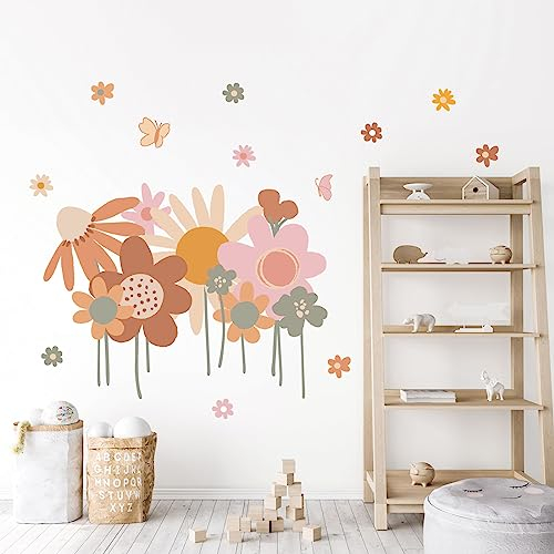 Tanlaby Fiori Colorati Adesivi Murali Fiori Retrò Boho Adesivi da Parete Floreale Stickers Muro Removibili per Camera da Letto Soggiorno Divano TV Decorazione Parete