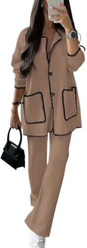 shownicer Curvy Completo Donna Eleganti 2 Pezzi Set Maniche Lunghe Tuta Camicie e Pantaloni Due Pezzi Completo Casual Outfit Suit A Bianco L A Cachi L