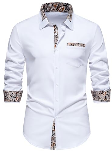 MakingDa Mens Dress Shirts Long Sleeve Fitted Casual Smart Formal Button Down Shirt with Inner Contrast Paisley Patterned for Wedding Party Business-A354-White-M