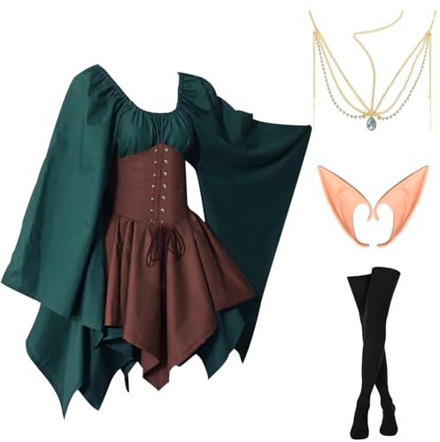 Ulikey Robe Irlandaise Traditionnelle pour Femme, Robe Médiévale pour Femme, Robe Gothique Renaissance Femme Costume Halloween avec Oreilles d'Elfe, Accessoire pour Cheveux, Chaussettes de Surjambe