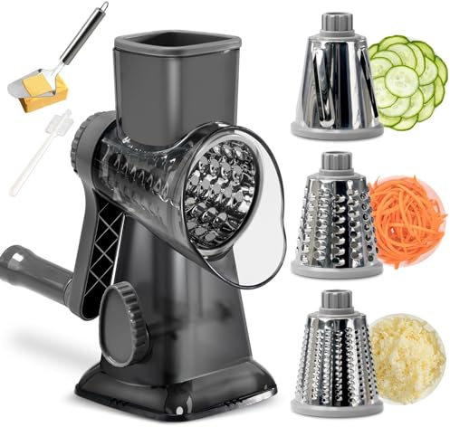 Maxceysen 3 in 1 Manual Vegetable Cutter Machine with Stainless Steel Changeable Blades Rotary Cheese Grater Kitchen Tool Potato Slicer Shredder Nuts Chocolate Chopper (Transparent black)