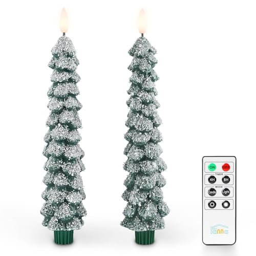 Fanna 2 Snow Covered Christmas Tree Flameless Led Candles with Timer for Winter, Battery Operated Wax Decorative Taper Candles with Remote for Home Decorations - H 25cm