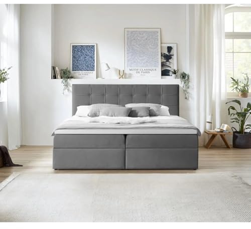 BEAUTY SOFA Canapé-lit Boxspring - Lit avec Matelas Bonell et Surmatelas 5 cm - Deux Grands Coffre de Rangement - Lit Double avec Appuie-Tête pour Chambre à Coucher - Gris Foncé (Velo634) - 160x200cm