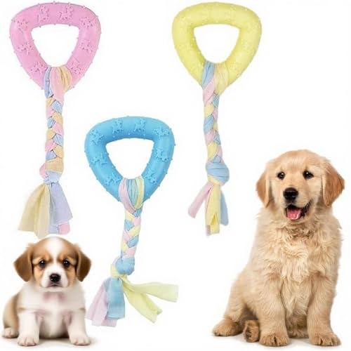 NIYATA - Juego de 3 juguetes para perros, juguetes para cachorros, juguetes para masticar, cachorros, goma interactiva para perros pequeños, promueve la salud bucal (rosa, amarillo, azul)